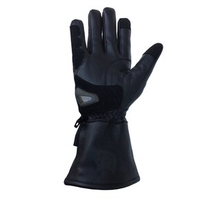 May include: Black leather motorcycle gloves with a long cuff and a reinforced palm.