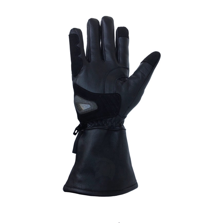 May include: Black leather motorcycle gloves with a long cuff and a reinforced palm.