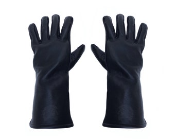 May include: A pair of black leather gloves with long cuffs. The gloves are fully extended with the fingers spread apart.