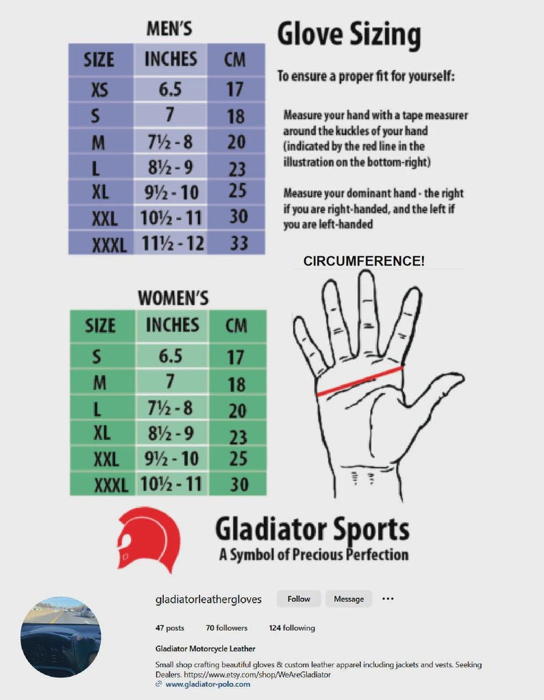 May include: A glove sizing chart featuring two tables for sizing in inches and centimeters. An illustration of a hand shows a red line across the knuckles with the text CIRCUMFERENCE! The Gladiator Sports logo and text are displayed below.