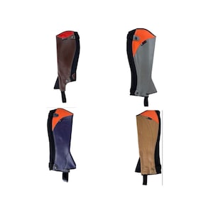 May include: Four pairs of riding boots with different colored leather panels. The boots are all black with orange and a different colored leather panel on the front. The boots are all knee-high and have a zipper on the back.