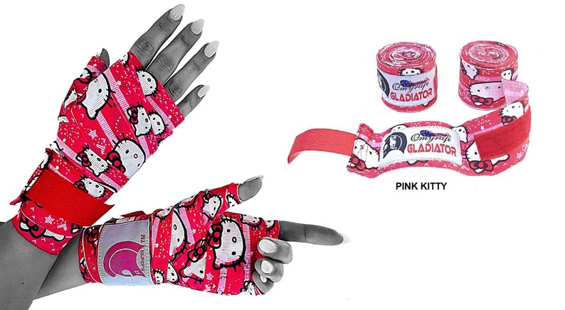 May include: Pink hand wraps with a Hello Kitty print and the words "Gladiator" and "Pink Kitty".