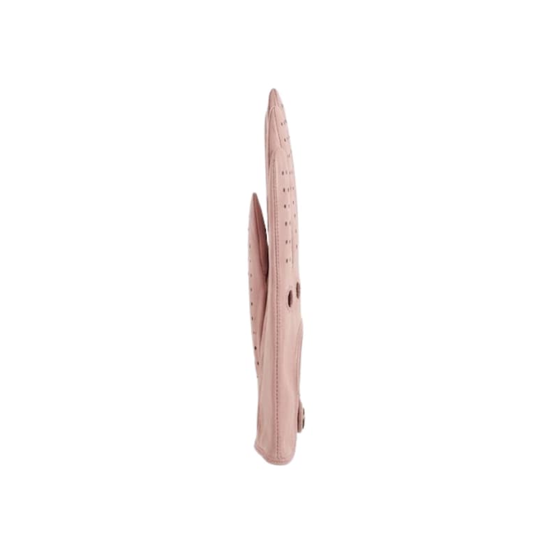 May include: A dusty rose leather glove shown in profile, featuring a series of small ventilation perforations along the fingers and back, with a visible snap button closure at the wrist area, showcasing a smooth texture and clean stitching.