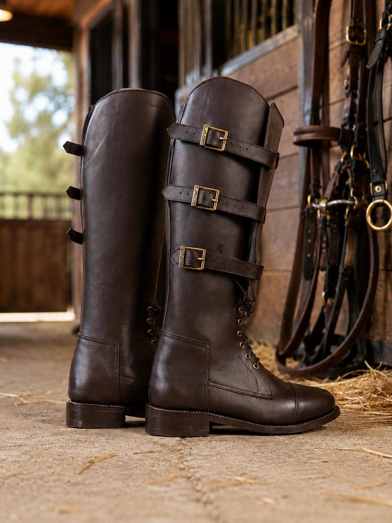 May include: A pair of dark brown leather tall riding boots featuring a lace-up front design, a rounded toe, and three horizontal straps across the upper shaft. Each strap is secured with a gold-toned metal buckle, and the boots have a low heel.