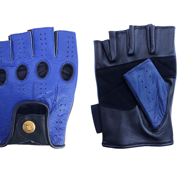 Men's Premium Leather Designer Driving Motorcycle Gloves - Fingerless Finger Cut Blue