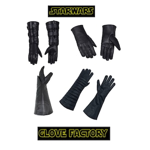 Könnte beinhalten: Ein Set aus sechs schwarzen Lederhandschuhen, einige mit Riemen und andere mit einem traditionelleren Design. Die Handschuhe sind in einem Rastermuster auf weißem Hintergrund angeordnet. Der Text "STARWARS" und "GLOVE FACTORY" ist in Gelb auf schwarzem Hintergrund gedruckt.