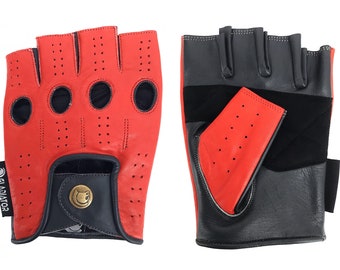Gants de moto de marque en cuir haut de gamme pour hommes - Mitaines coupées aux doigts, rouge