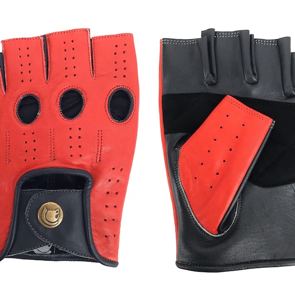 Men's Premium Leather Designer Driving Motorcycle Gloves - Fingerless Finger Cut Red