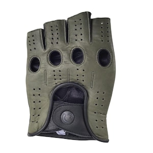 Men&#39;s Premium Leather Designer Driving Motorcycle Gloves - Fingerless Finger Cut Army Green Olive