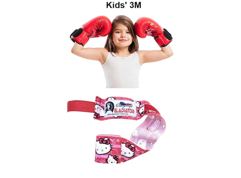 May include: A pink and white hand wrap with a Hello Kitty design. The wrap is made of a soft, stretchy material and is designed to protect the hands during boxing or other sports.