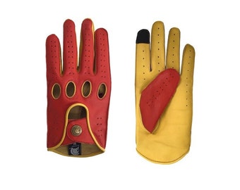 Designer Driving Gloves RED GOLD Leather with Reverse Stitching