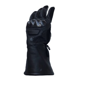 May include: Black leather motorcycle gloves with a carbon fiber knuckle guard and a zipper on the wrist.