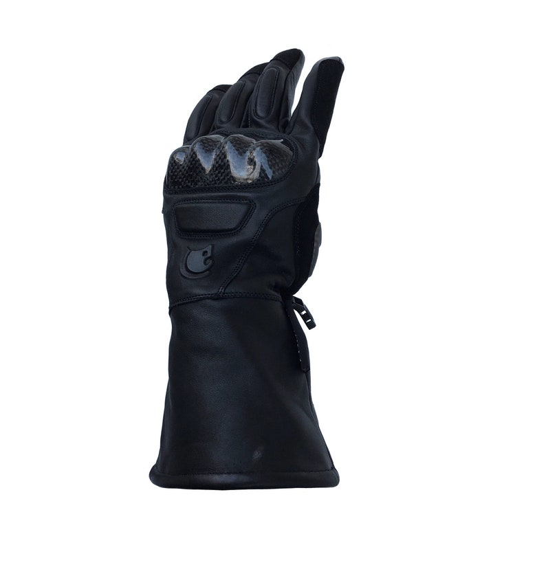 May include: Black leather motorcycle gloves with a carbon fiber knuckle guard and a zipper on the wrist.