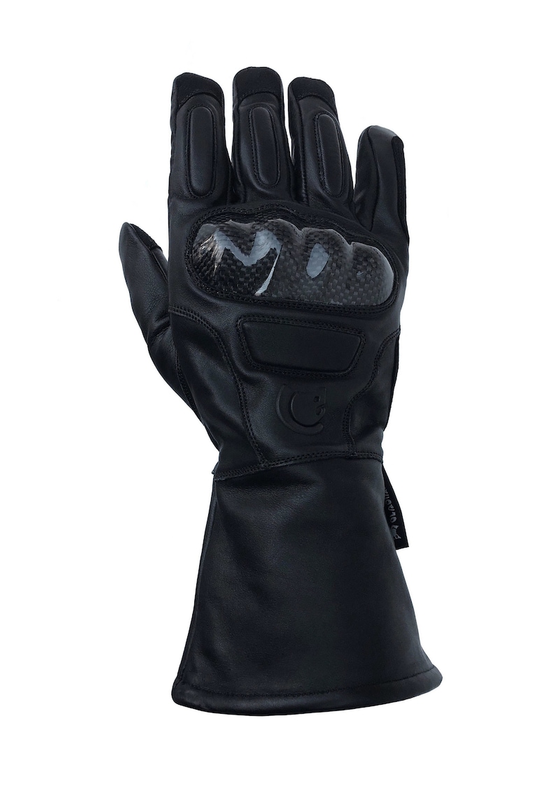May include: Black leather motorcycle gloves with carbon fiber knuckle protection and a long cuff.