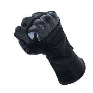 May include: Black leather motorcycle gloves with carbon fiber knuckle protection and a wrist strap.
