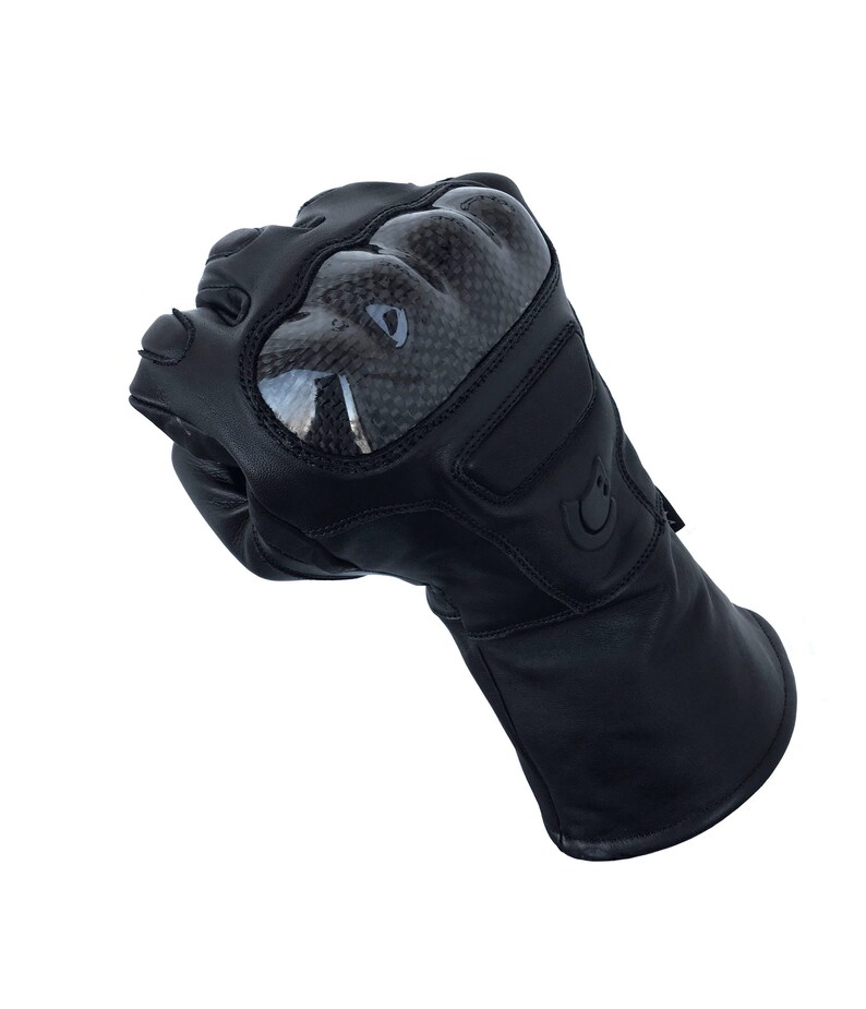 May include: Black leather motorcycle gloves with carbon fiber knuckle protection and a wrist strap.