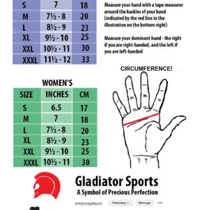 Op de afbeelding: Een tabel met handschoenmaten in inches en centimeters voor zowel mannen als vrouwen. De tabel bevat een diagram van een hand met een rode lijn die aangeeft waar de omtrek moet worden gemeten.