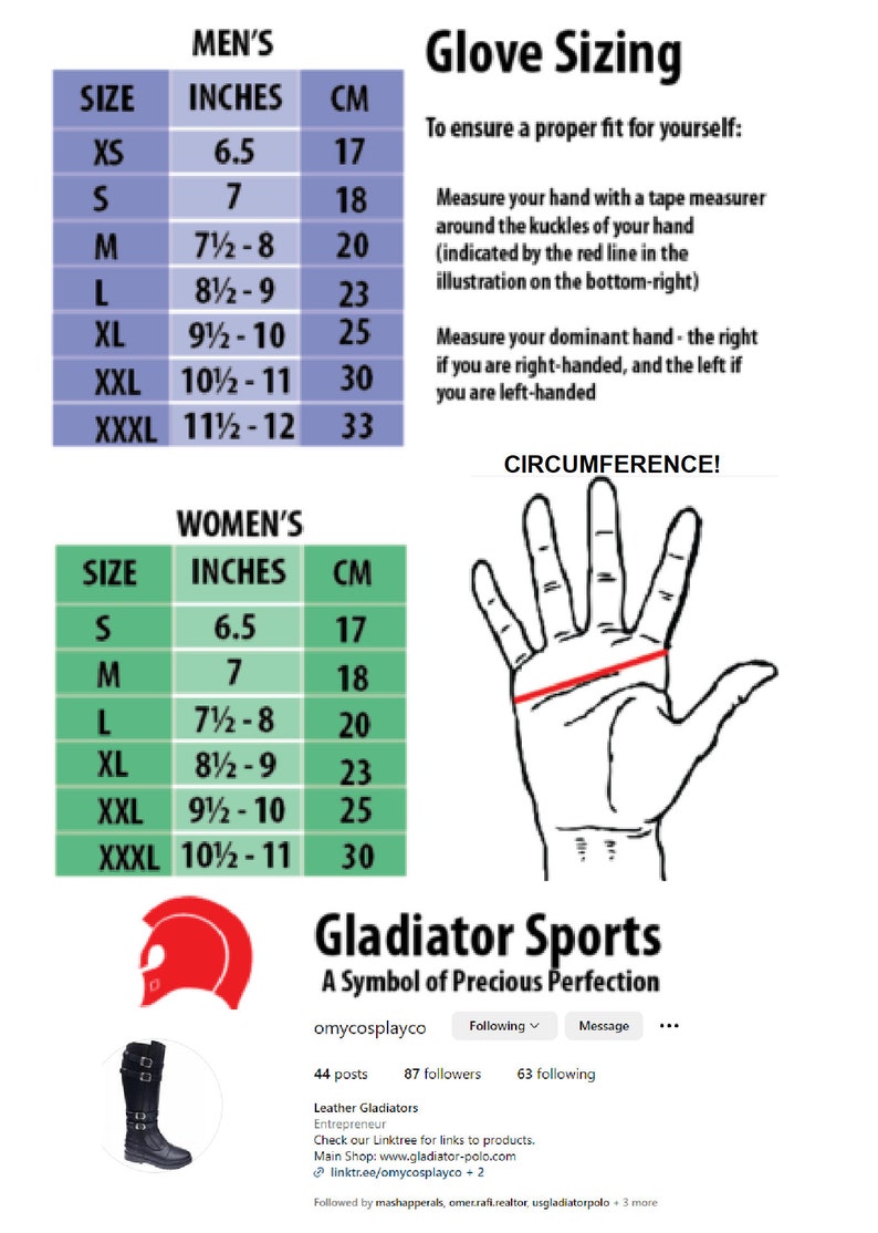 Op de afbeelding: Een tabel met handschoenmaten in inches en centimeters voor zowel mannen als vrouwen. De tabel bevat een diagram van een hand met een rode lijn die aangeeft waar de omtrek moet worden gemeten.
