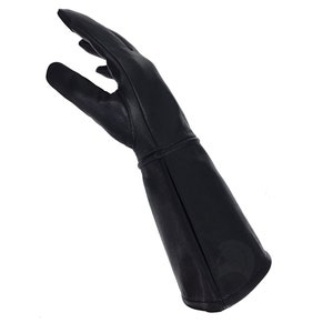 Op de afbeelding: Zwarte leren handschoenen met een lange manchet. De handschoenen zijn ontworpen voor bescherming en hebben een versterkte palm.