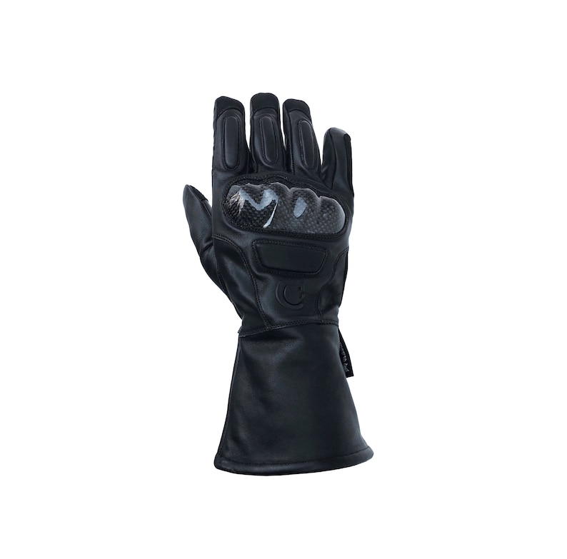 May include: Black leather motorcycle gloves with knuckle protection and a long cuff.