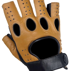Guantes de motociclismo de cuero de primera calidad para hombre - Guantes de motociclismo sin dedos con corte clásico en coñac, marrón y negro