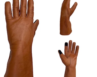 May include: A pair of brown leather gloves with a long cuff. The gloves have a textured surface and are shown from different angles.