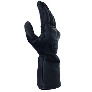 May include: Black leather motorcycle gloves with knuckle protection and a long cuff.
