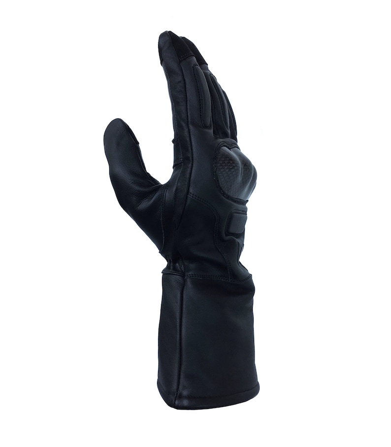 May include: Black leather motorcycle gloves with knuckle protection and a long cuff.