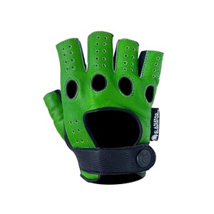 Men&#39;s Premium Leather Designer Driving Motorcycle Gloves - Fingerless Finger Cut Green