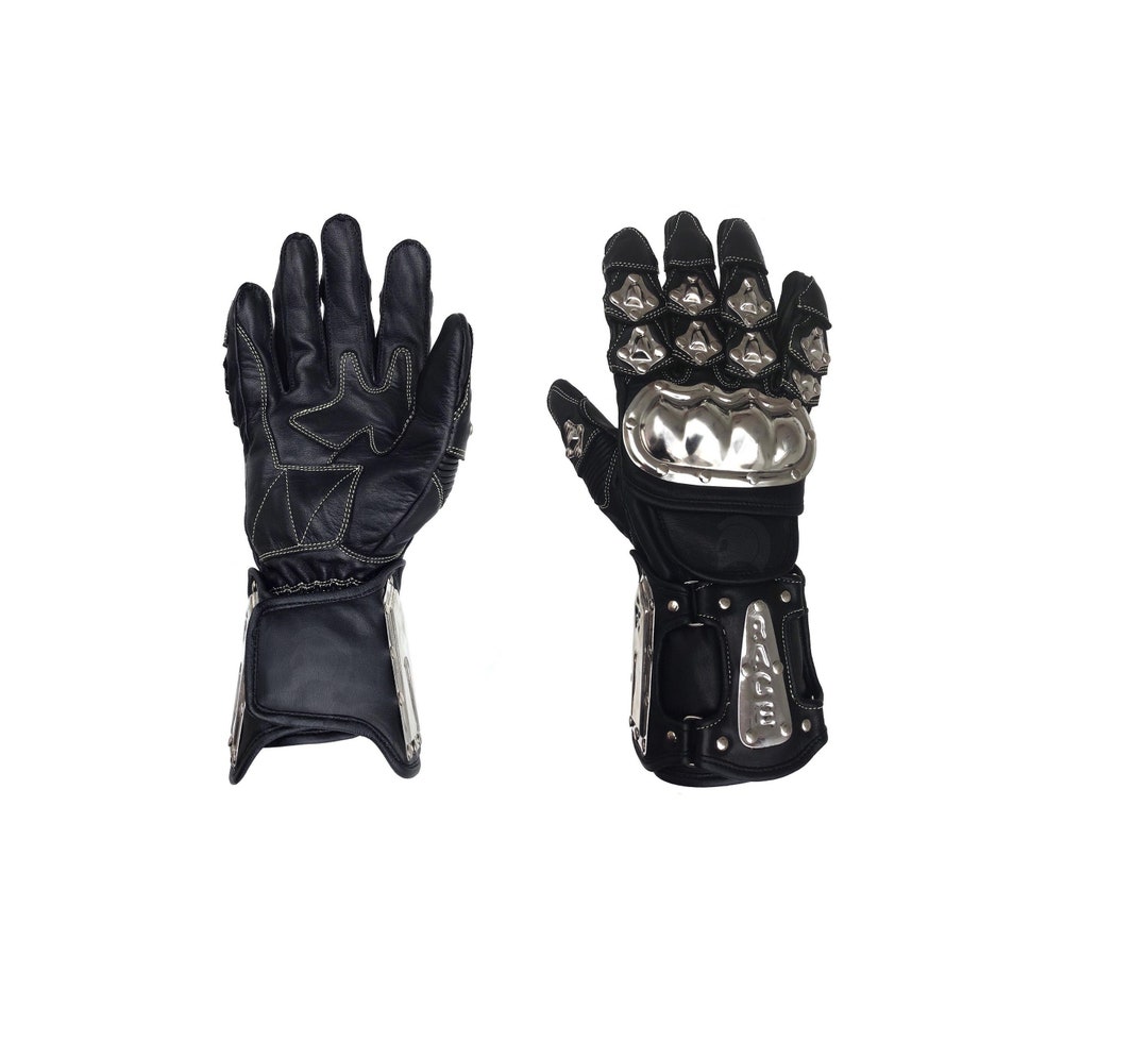 Motorcycle Gauntlet Leather Gloves Stainless Steel Men's