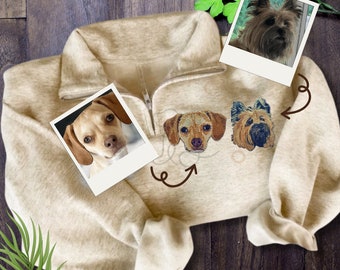 Custom Embroidered 2 Pet Portrait Quarter Zip Sweatshirt: Personalized Dog Mom Gift