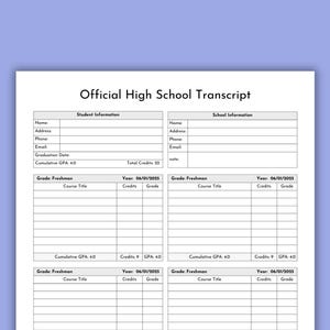 Editable High School Transcript Template, Homeschool Transcript (US Letter, A4)