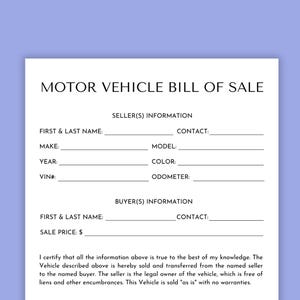 Motor Vehicle Bill of Sale Template: Printable Auto Form (Canva, PDF)