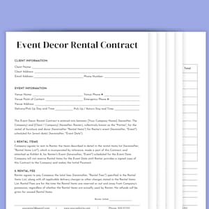 Op de afbeelding: Een zwart-witte, afdrukbare huurovereenkomst voor decoratie voor evenementen met de titel "Huurovereenkomst voor decoratie voor evenementen". Het formulier bevat secties voor klantgegevens, evenementgegevens, gehuurde artikelen en huurkosten.