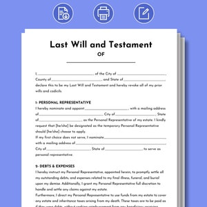 May include: A legal document titled "Last Will and Testament" with a section for personal representative and debts and expenses.