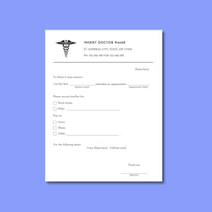 Nota médica editable para el trabajo. Plantilla imprimible. Formulario de carta de excusa médica. Nota de excusa escolar. Nota médica en PDF y Word.