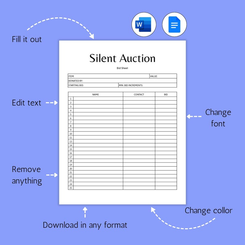 Editable Silent Auction Bid Sheet. Silent Auction Sign up Sheet ...