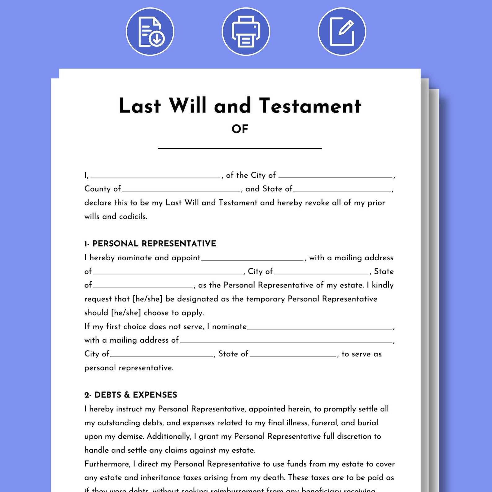 Last Will and Testament. Editable Last Will and Testament Template. Printable Last Will and ...