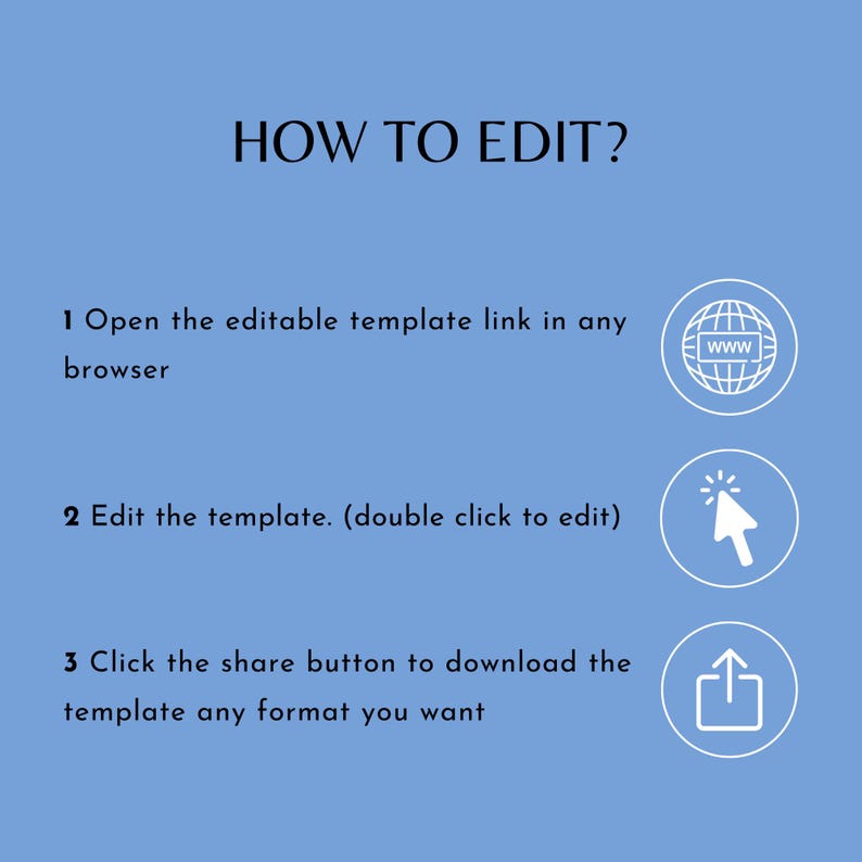 May include: A light blue graphic with the text "HOW TO EDIT?" and numbered instructions. The steps involve opening a link, editing the template, and downloading it. Icons of a globe, a cursor, and an upload symbol are also included.