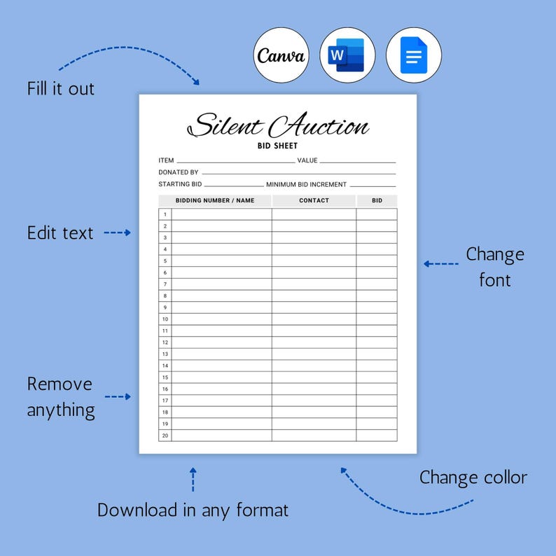 Editable Silent Auction Bid Sheet. Silent Auction Sign up Sheet ...