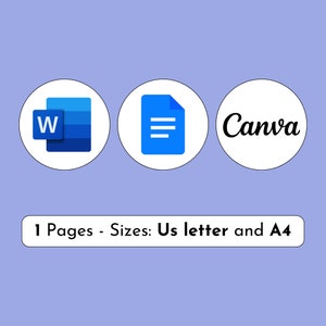 May include: Three icons representing different software programs: a blue Microsoft Word icon, a blue document icon, and a white Canva icon with black text. The text below the icons reads "1 Pages - Sizes: Us letter and A4".
