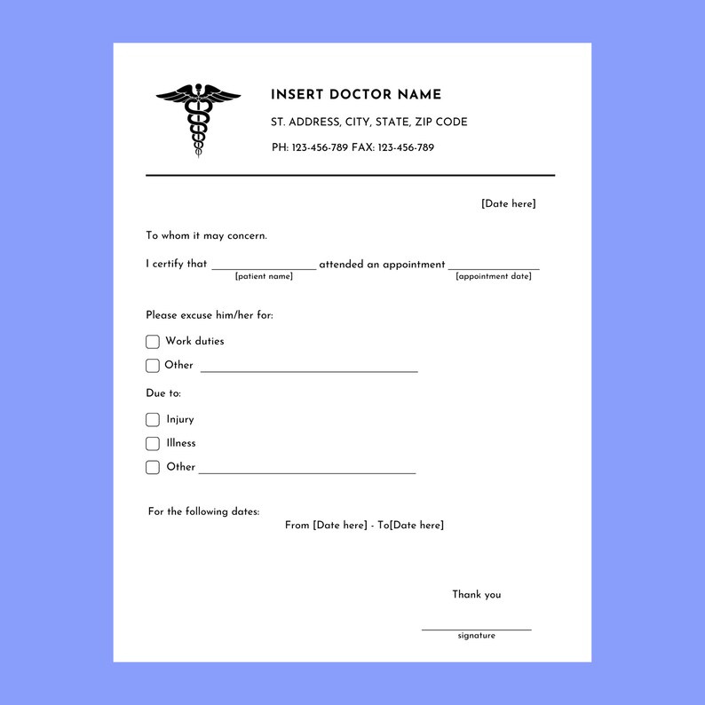 Editable Doctor Excuse Note for Work. Printable Doctors Note Template. Doctor Excuse Letter Form ...