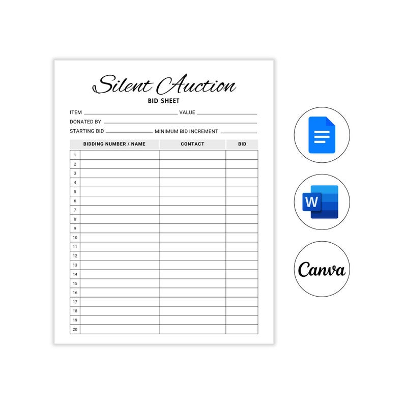Editable Silent Auction Bid Sheet. Silent Auction Sign up Sheet ...