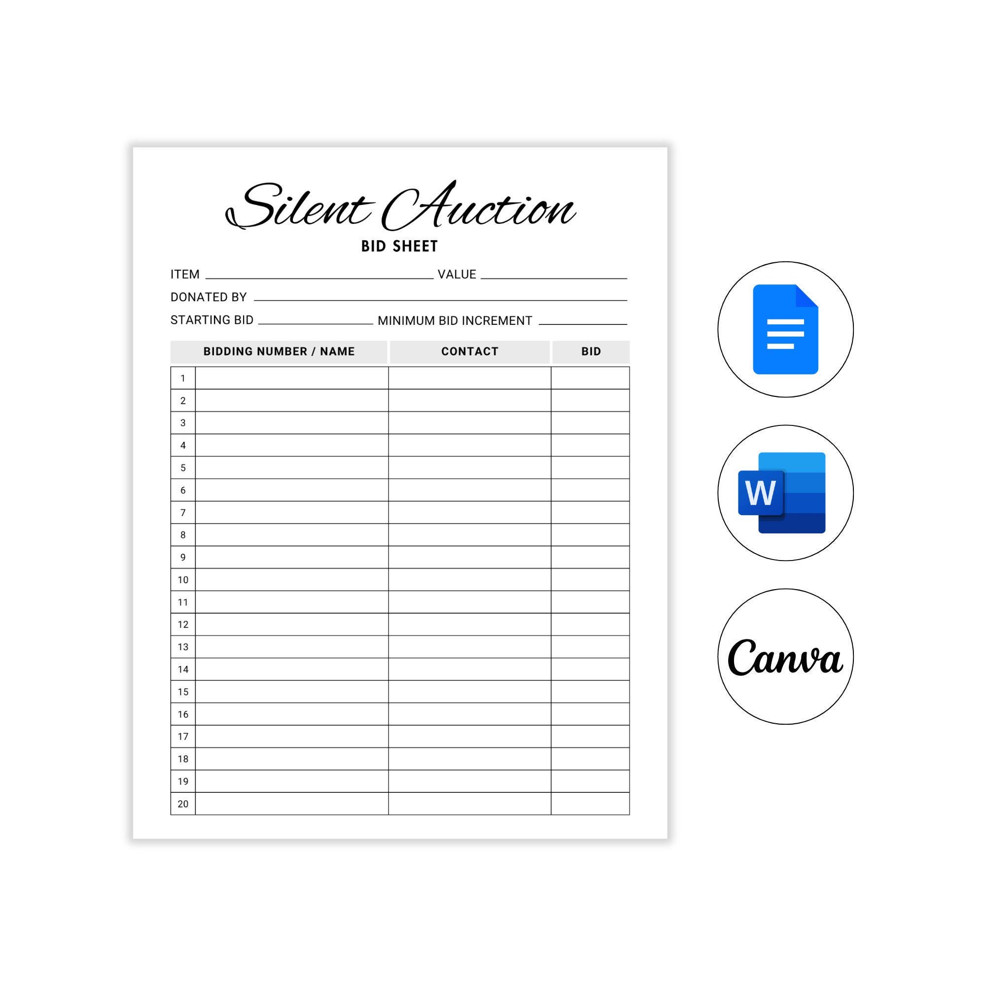 Editable Silent Auction Bid Sheet. Silent Auction Sign up Sheet ...