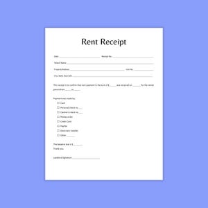 Könnte beinhalten: Ein weißes Formular für eine „Mietquittung“ mit schwarzem Text auf hellblauem Hintergrund. Das Formular enthält Felder für Datum, Mietername, Objektadresse und Zahlungsdetails. Es bestätigt die Mietzahlung und enthält Optionen für Zahlungsmethoden wie Bargeld, Scheck und Kreditkarte.