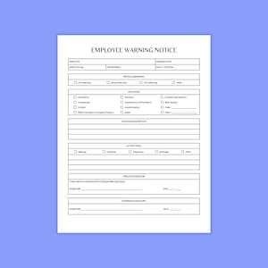 Könnte beinhalten: Ein weißes Formular zur Mitarbeiterwarnung mit schwarzem Text. Das Formular enthält Abschnitte für Mitarbeiterinformationen, vorherige Warnungen, Verstöße und ergriffene Maßnahmen. Der Text "Employee Warning Notice" steht oben.