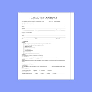Op de afbeelding: Een wit zorgverlenerscontractformulier op een blauwe achtergrond. Het document bevat velden voor informatie over cliënten en zorgverleners, de reikwijdte van de zorg, het schema en de details van de vergoeding. Tekst bevat "Zorgverlenerscontract".