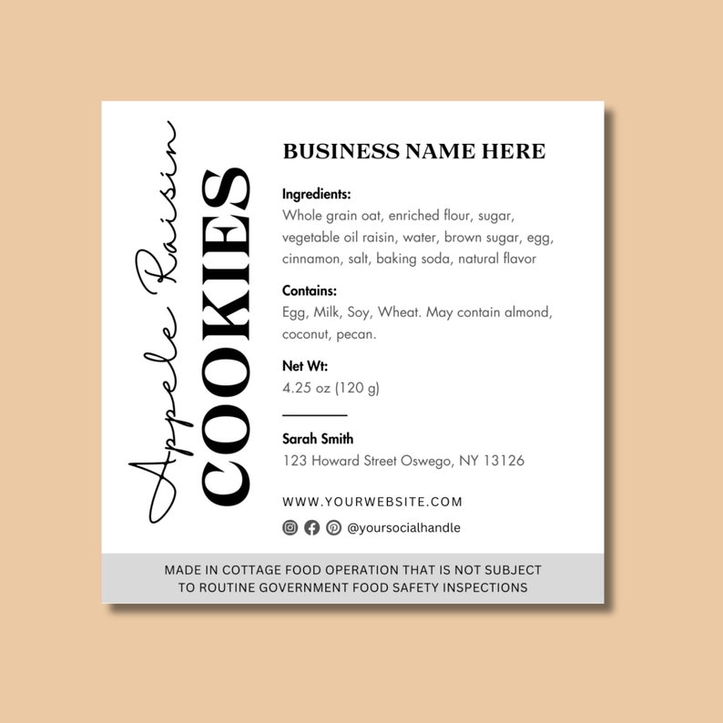 Cottage Food Label Template, Home Baked Goods Label, Editable Food Cottage Food Label Template, Home Baked Goods Label, Editable Food