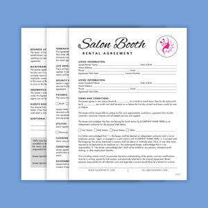 May include: Salon booth rental agreement form with sections for lessee and lessor information, terms, and conditions. Includes checkboxes for hair, nail, and facial stations. The document is on a white background with a light blue border.