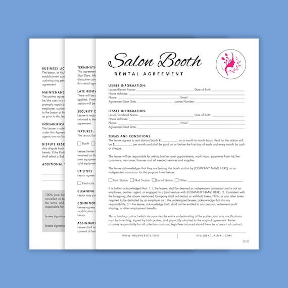 Professional Salon Booth Rental Contract. Editable Booth Rental Agreement. Salon Chair Rental, Salon Lease, Salon booth rental contract